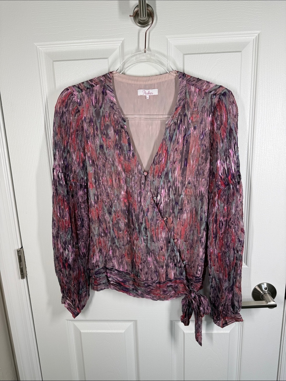 Parker silk blend tie waist button front wrap blouse fairy, sheer, whimsical
